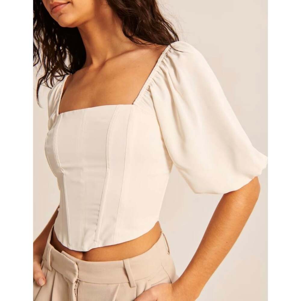 Abercrombie & Fitch Puff Sleeve Corset Square Neck Top White Size Small